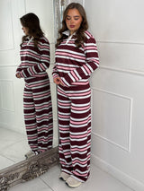 Striped Collared Long Sleeve Top & Wide Leg Pants Co-Ord - Wine/Pink