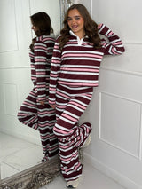 Striped Collared Long Sleeve Top & Wide Leg Pants Co-Ord - Wine/Pink