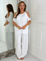 Cut Out Shoulder Batwing Style Top & Flares - White