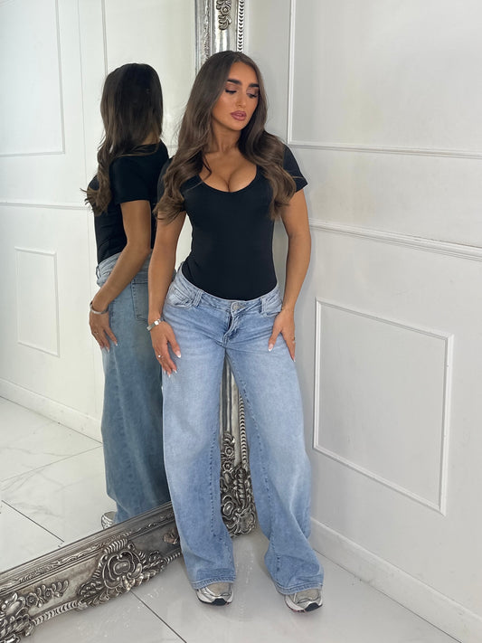 V Neck Seamless Short Sleeve Bodysuit - Black