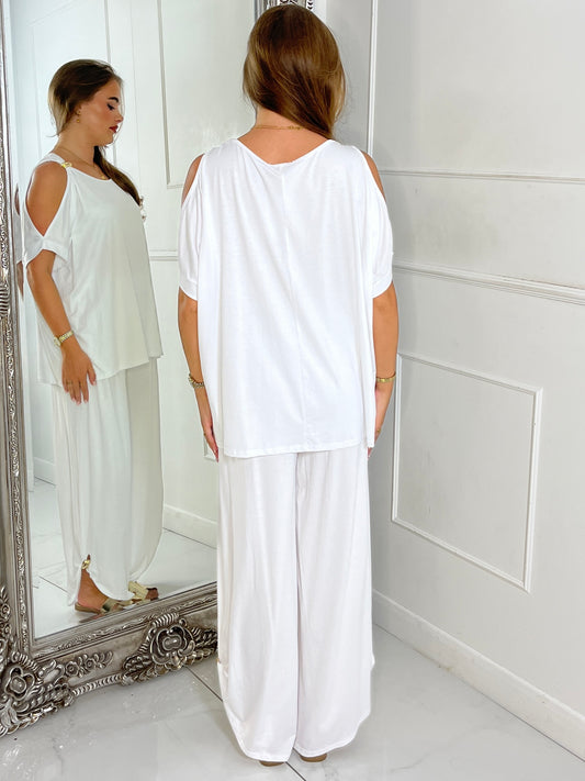 Cut Out Shoulder Batwing Style Top & Flares - White