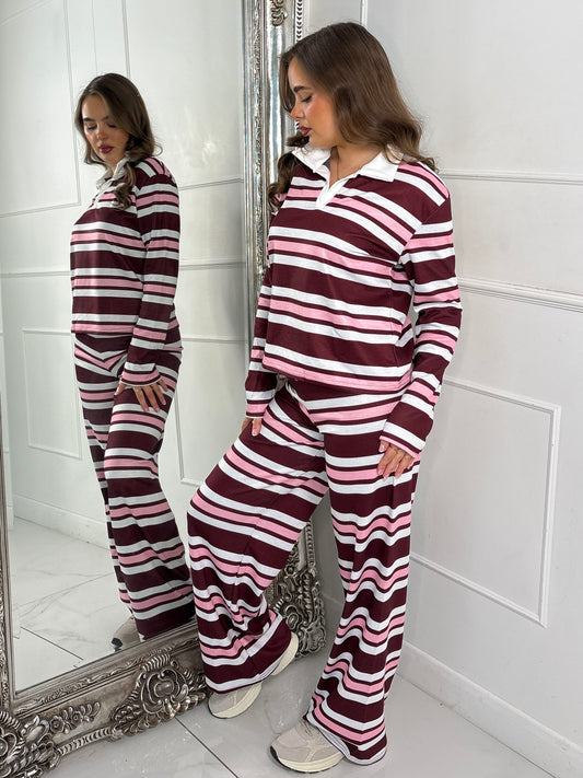 Striped Collared Long Sleeve Top & Wide Leg Pants Co-Ord - Wine/Pink