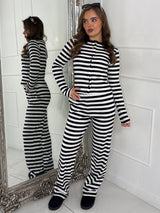 Striped Long Sleeve Button Up Detail Top & Wide Leg Pants Co-Ord - Black/White
