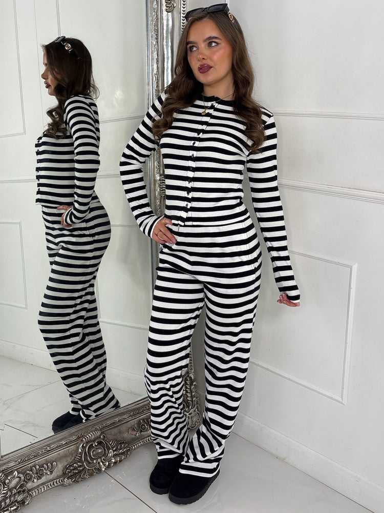 Striped Long Sleeve Button Up Detail Top & Wide Leg Pants Co-Ord - Black/White