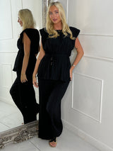 Tie-Waist Padded Shoulder Pleated Style Top & Matching Flares - Black