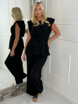 Tie-Waist Padded Shoulder Pleated Style Top & Matching Flares - Black