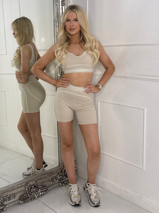 Contour Lined Detail Cycling Shorts & Sports Bra Gym Set - Beige