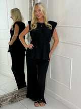 Tie-Waist Padded Shoulder Pleated Style Top & Matching Flares - Black