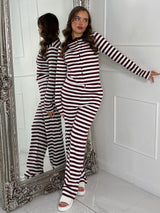 Striped Long Sleeve Button Up Detail Top & Wide Leg Pants Co-Ord - Wine/White