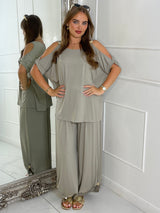 Cut Out Shoulder Batwing Style Top & Flares - Light Grey