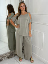 Cut Out Shoulder Batwing Style Top & Flares - Light Grey