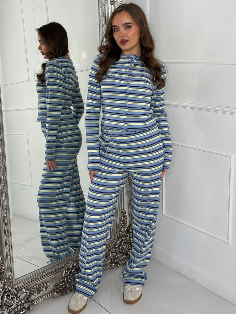 Striped Long Sleeve Button Up Detail Top & Wide Leg Pants Co-Ord - Baby Blue/Yellow