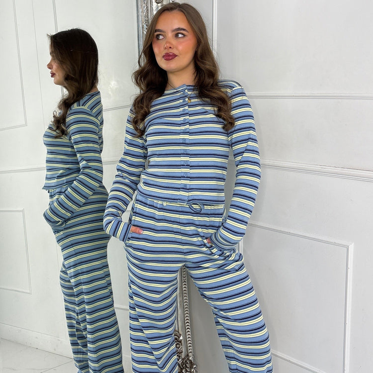 Striped Long Sleeve Button Up Detail Top & Wide Leg Pants Co-Ord - Baby Blue/Yellow