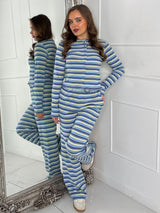 Striped Long Sleeve Button Up Detail Top & Wide Leg Pants Co-Ord - Baby Blue/Yellow