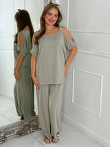 Cut Out Shoulder Batwing Style Top & Flares - Light Grey