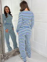 Striped Long Sleeve Button Up Detail Top & Wide Leg Pants Co-Ord - Baby Blue/Yellow