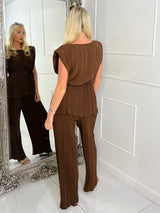 Tie-Waist Padded Shoulder Pleated Style Top & Matching Flares - Brown