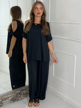 Cut Out Shoulder Batwing Style Top & Flares - Black