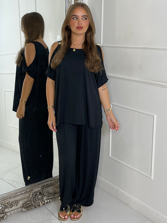 Cut Out Shoulder Batwing Style Top & Flares - Black