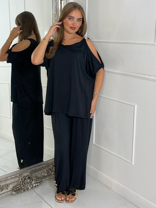 Cut Out Shoulder Batwing Style Top & Flares - Black