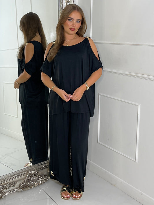 Cut Out Shoulder Batwing Style Top & Flares - Black
