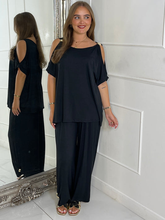 Cut Out Shoulder Batwing Style Top & Flares - Black