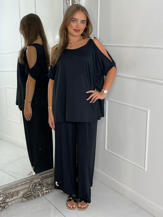 Cut Out Shoulder Batwing Style Top & Flares - Black