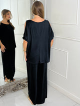 Cut Out Shoulder Batwing Style Top & Flares - Black