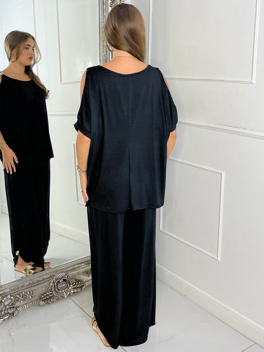 Cut Out Shoulder Batwing Style Top & Flares - Black