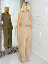 Tie-Waist Padded Shoulder Pleated Style Top & Matching Flares - Dark Beige