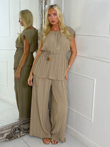 Tie-Waist Padded Shoulder Pleated Style Top & Matching Flares - Dark Beige