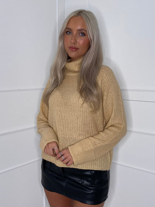 Plain Roll Neck Jumper with Cuffed Sleeves - Beige