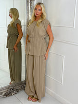 Tie-Waist Padded Shoulder Pleated Style Top & Matching Flares - Dark Beige