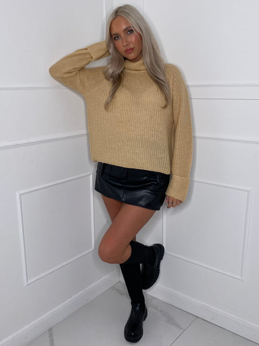 Plain Roll Neck Jumper with Cuffed Sleeves - Beige