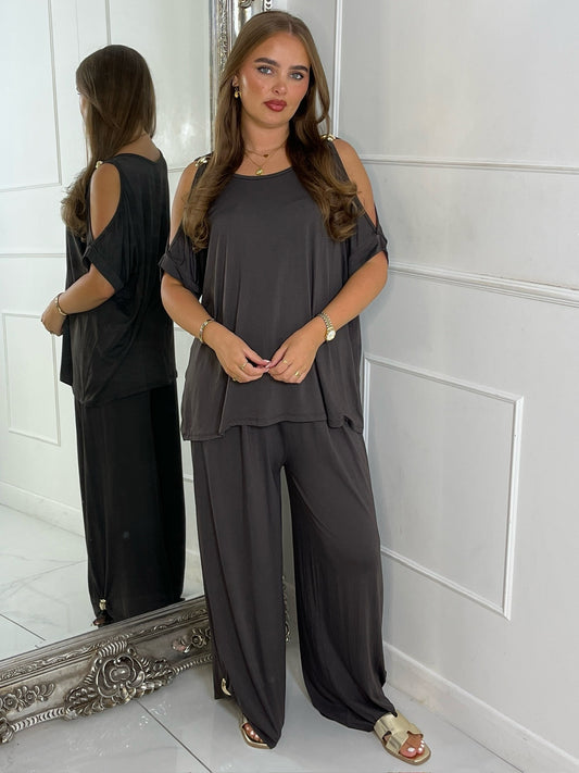 Cut Out Shoulder Batwing Style Top & Flares - Dark Grey