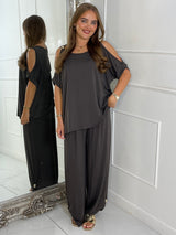 Cut Out Shoulder Batwing Style Top & Flares - Dark Grey