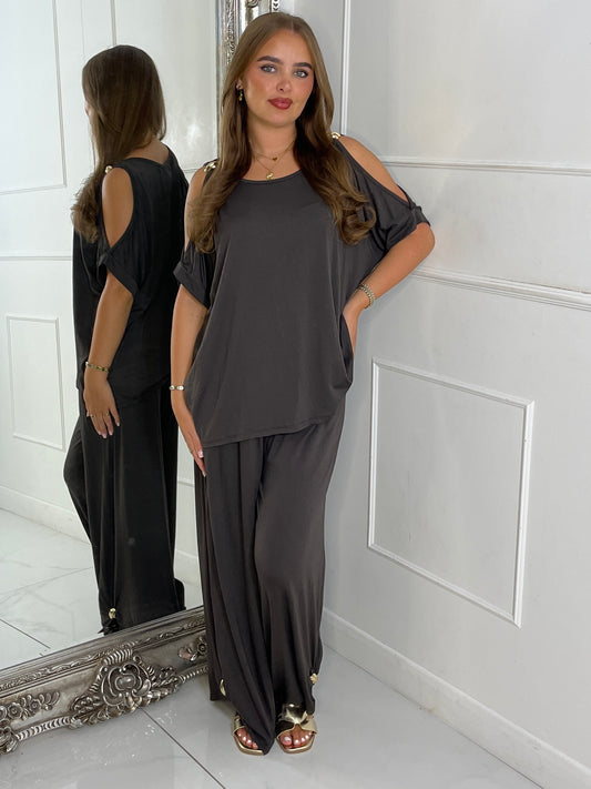 Cut Out Shoulder Batwing Style Top & Flares - Dark Grey