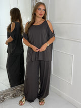Cut Out Shoulder Batwing Style Top & Flares - Dark Grey