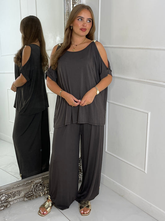 Cut Out Shoulder Batwing Style Top & Flares - Dark Grey