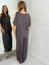 Cut Out Shoulder Batwing Style Top & Flares - Dark Grey