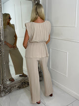 Tie-Waist Padded Shoulder Pleated Style Top & Matching Flares - Light Beige