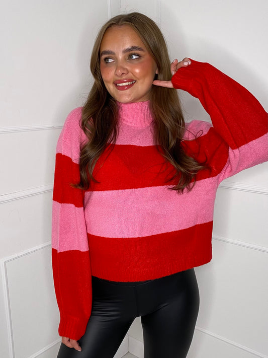 Striped High Neck Jumper - Pink/Red