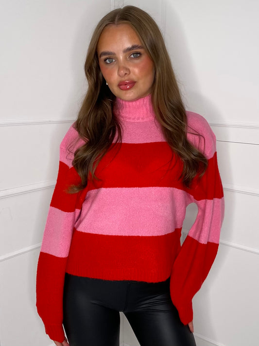 Striped High Neck Jumper - Pink/Red