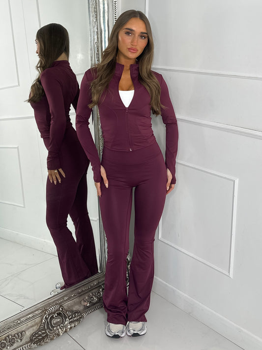 Sculpt Zip Up Jacket & Flares Set - Wine