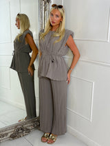 Tie-Waist Padded Shoulder Pleated Style Top & Matching Flares - Grey