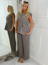 Tie-Waist Padded Shoulder Pleated Style Top & Matching Flares - Grey