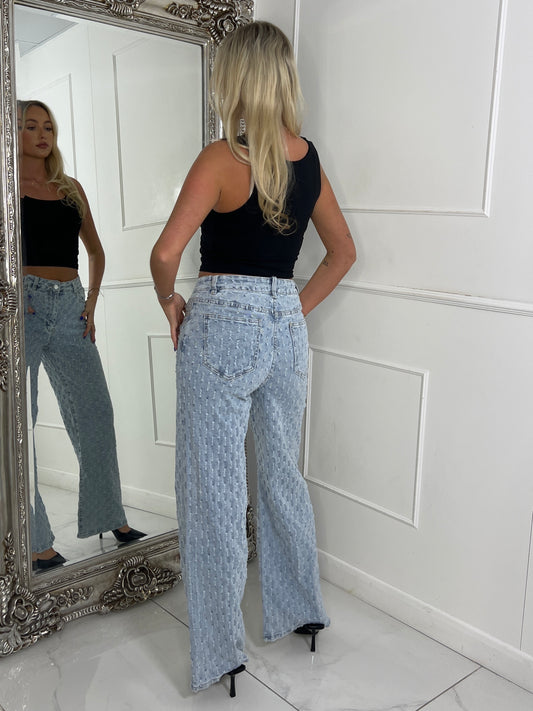 All Over Distressed Textured Jeans - Light Wash
