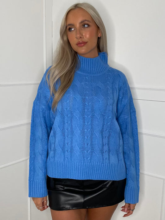 Cable Knit Style High Neck Jumper - Baby Blue