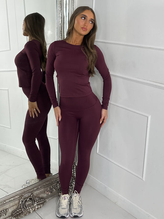 Long Sleeve Gym Top & Sculpt Leggings Set - Wine