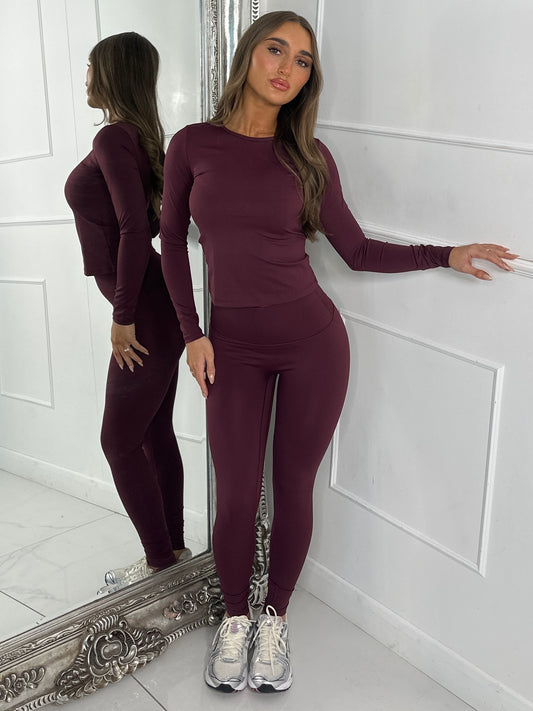 Long Sleeve Gym Top & Sculpt Leggings Set - Wine